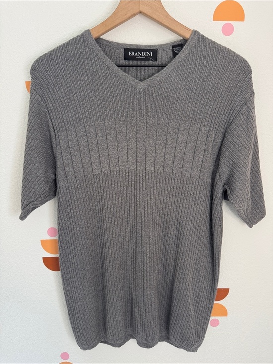 Brandini Tops - Brandini Ribbed V-Neck Short Sleeve Sweater - Heather Gray size Large Tall N0272
